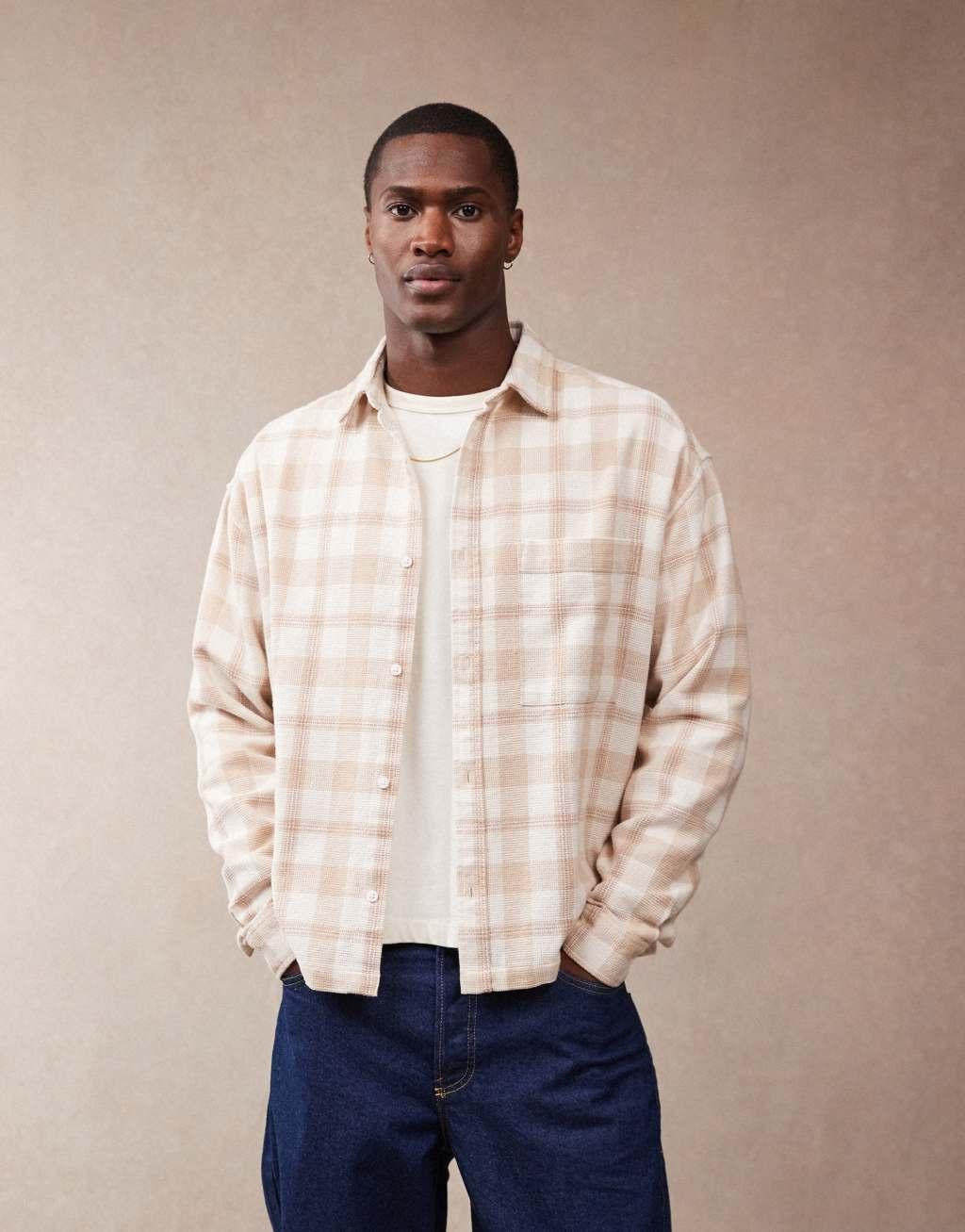 ASOS DESIGN boxy 90s oversized textured shirt in neutral plaid  Product Image