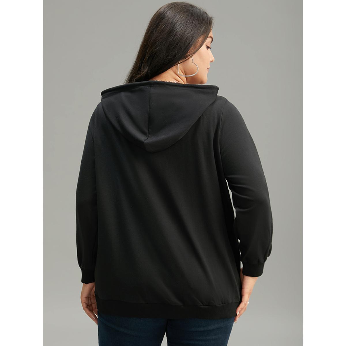 Plus Size Halloween Print Rhinestone Drawstring Hooded Zipper Sweatshirt Women Black Casual Rhinestone detailing Hooded Festival-Halloween Sweatshirts BloomChic 12/L Product Image