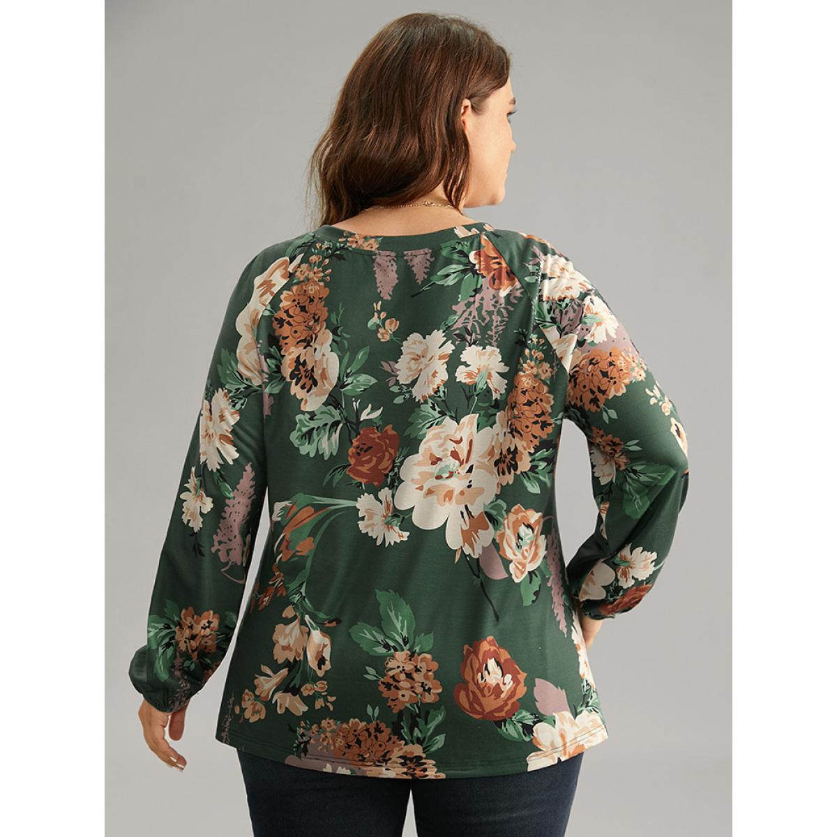 Plus Size Floral Print Pleated Detail Lantern Sleeve T-shirt DarkGreen Women Elegant Elastic cuffs Floral Round Neck Everyday T-shirts BloomChic 14-16/1X Product Image