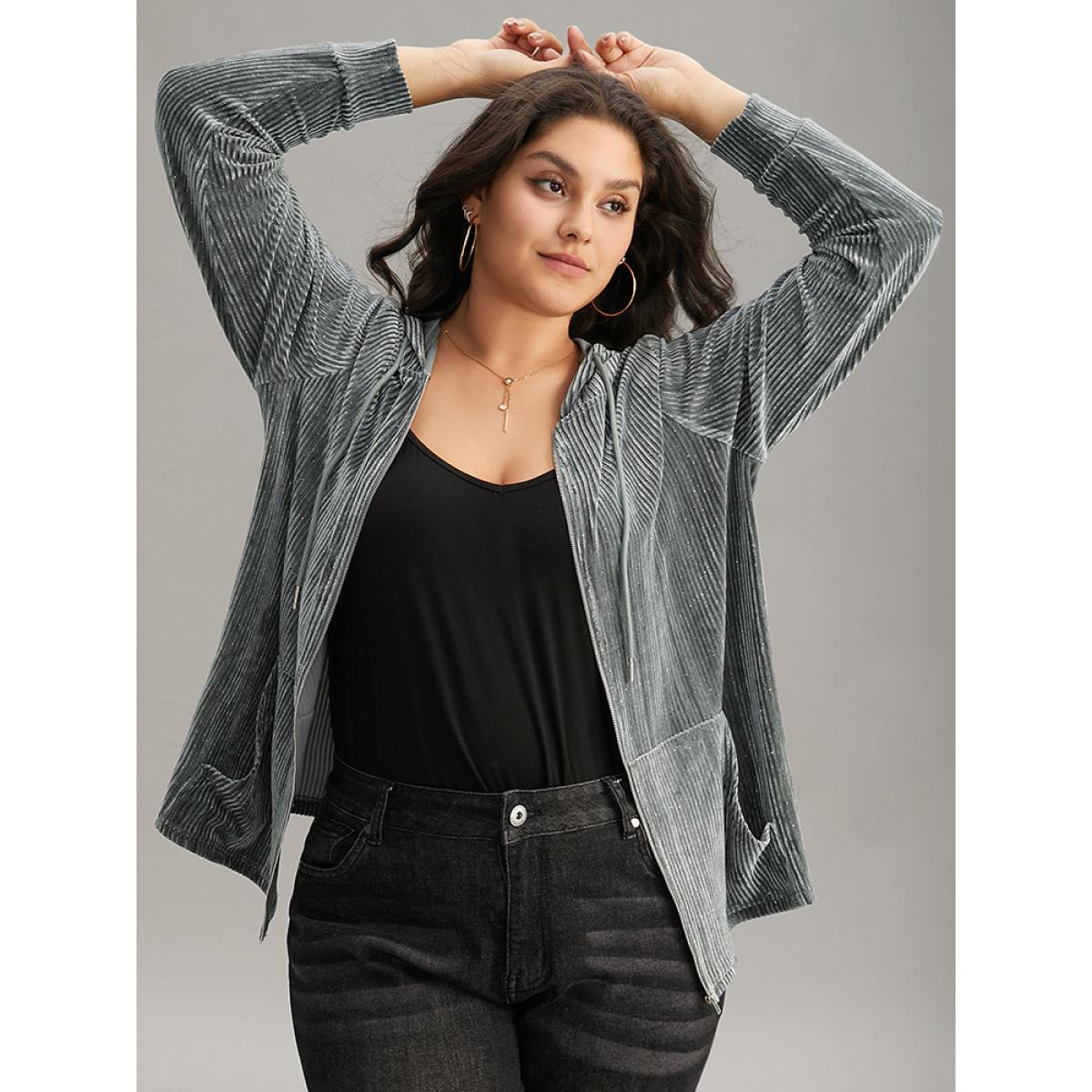 Plus Size Glitter Zipper Pocket Hooded Corduroy Sweatshirt Women SlateGray Casual Velvet Hooded Dailywear Sweatshirts BloomChic 26/4X Product Image