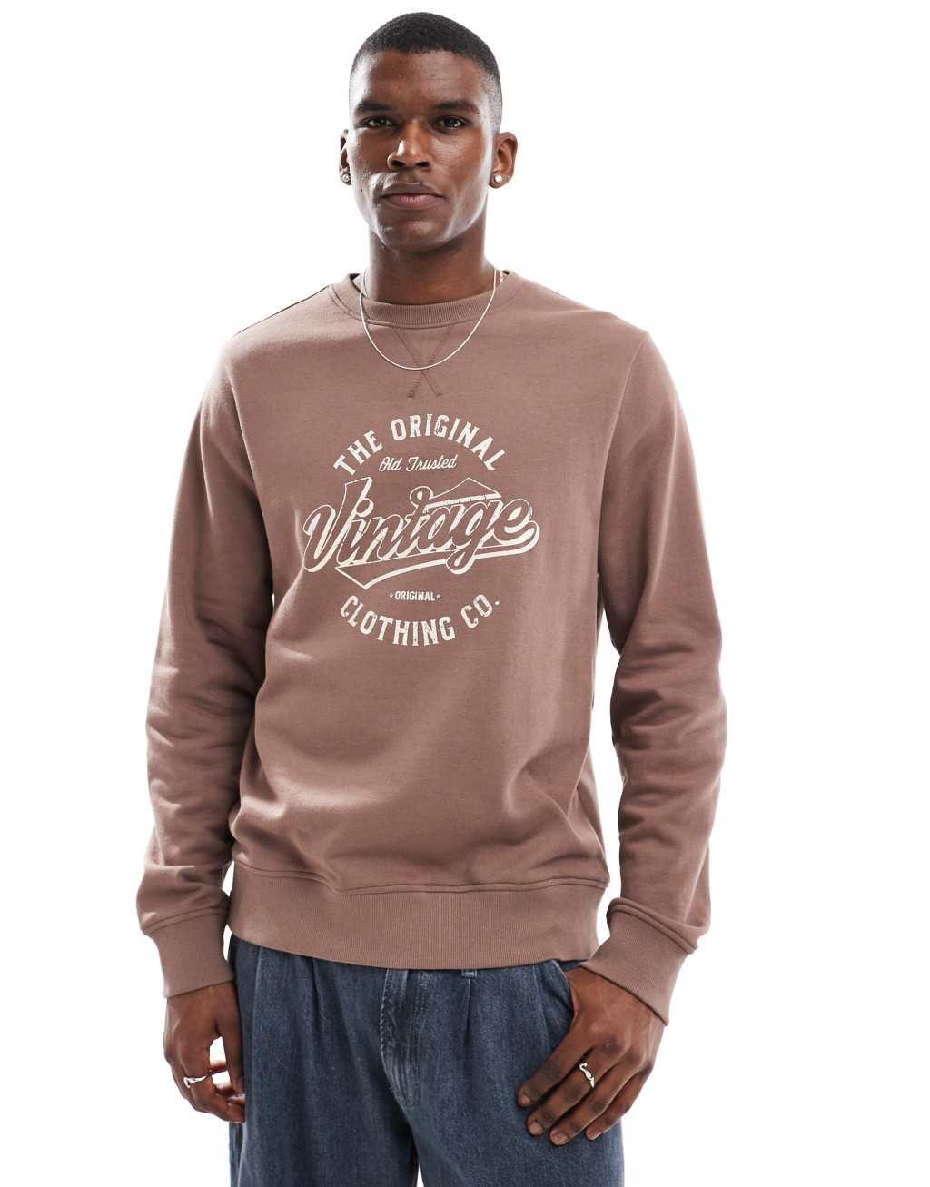 Threadbare chest print fleece sweatshirt in brown Product Image