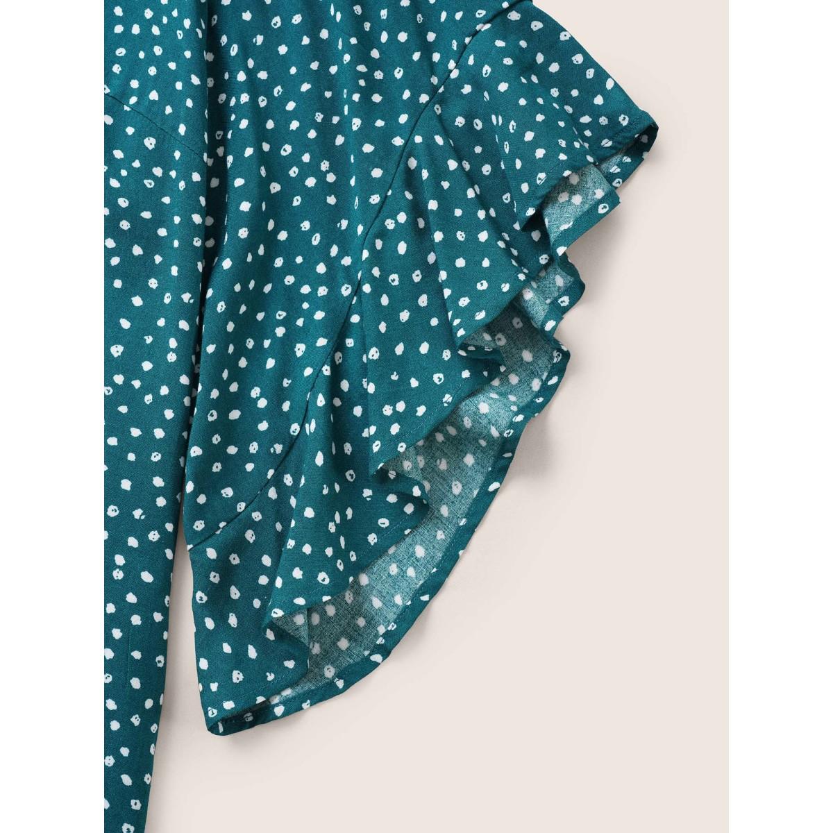 Plus Size Emerald Tie Neck Polka Dot Patchwork Ruffle Sleeve Blouse Women Elegant Half Sleeve V-neck Everyday Blouses BloomChic 12/L Product Image