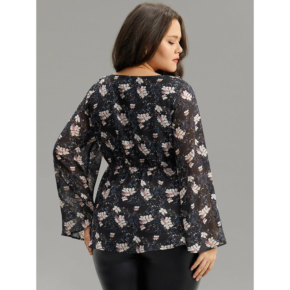 Plus Size BlackFlower Ditsy Floral Ties Ruffles Elastic Waist Blouse Women Elegant Long Sleeve V-neck Dailywear Blouses BloomChic 28/5X Product Image