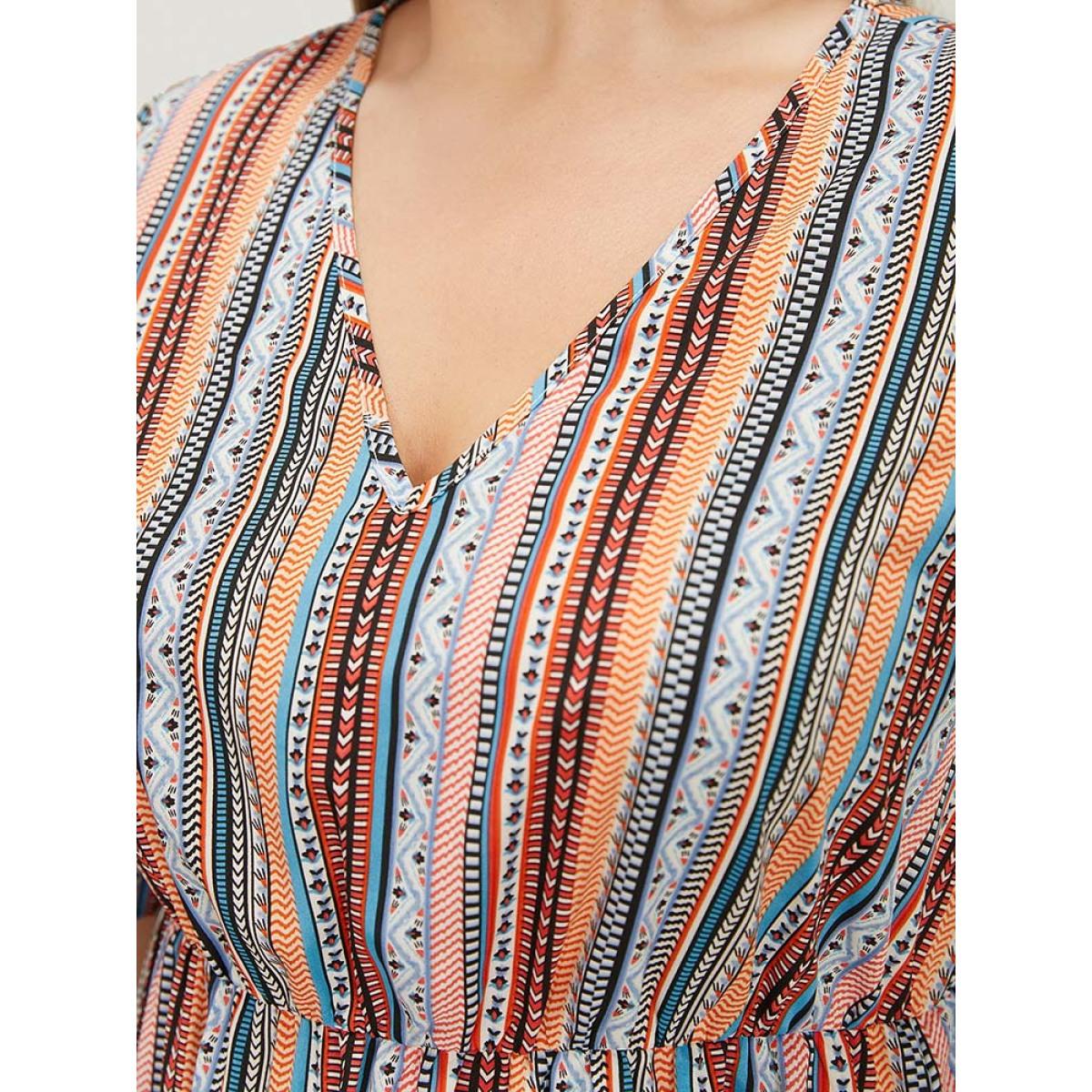 Plus Size Rainbow Striped Pocket Cold Shoulder Dress Multicolor Women Vacation V-neck Short sleeve Curvy Midi Dress BloomChic 14-16/1X Product Image