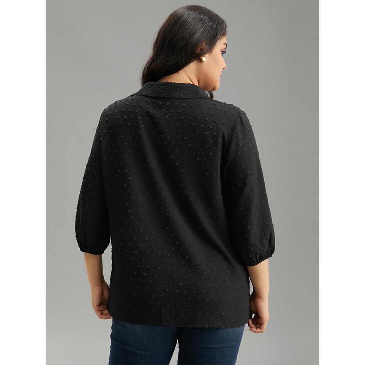 Plus Size Black Plisse Polka Dot Elastic Cuffs Blouse Women Office Elbow-length sleeve Shirt collar Office Blouses BloomChic 26/4X Product Image