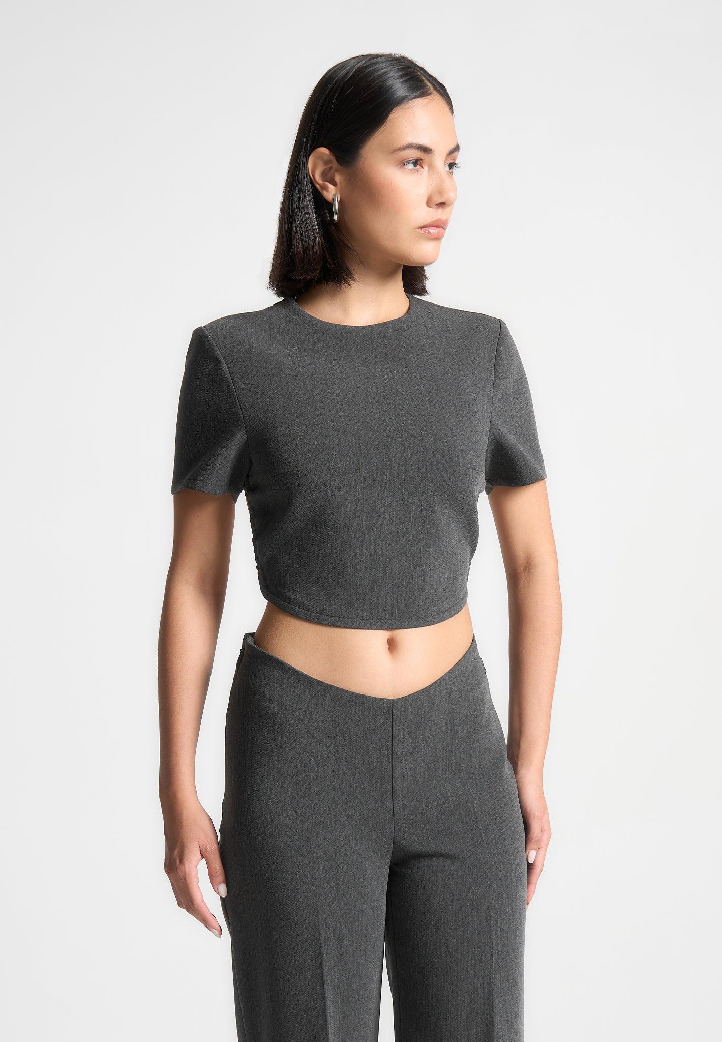 Curved Hem Backless Top with Tie - Dark Grey Female Product Image