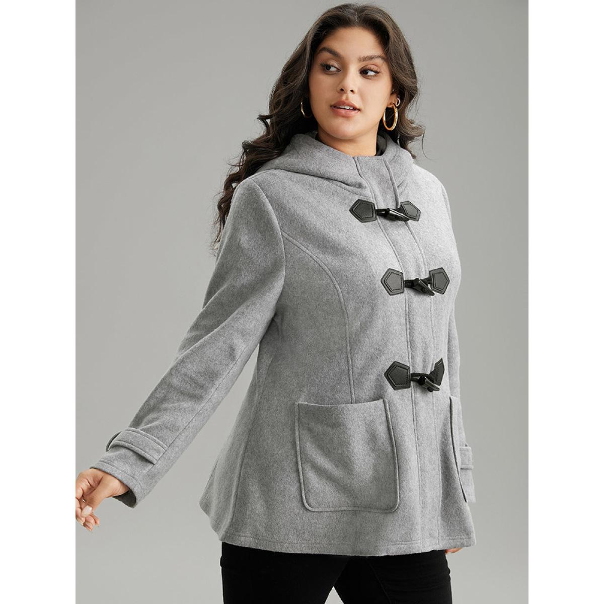 Plus Size Solid Duffle Button Pocket Hooded Coat Women DimGray Casual Plain Ladies Dailywear Winter Coats BloomChic 18-20/2X Product Image