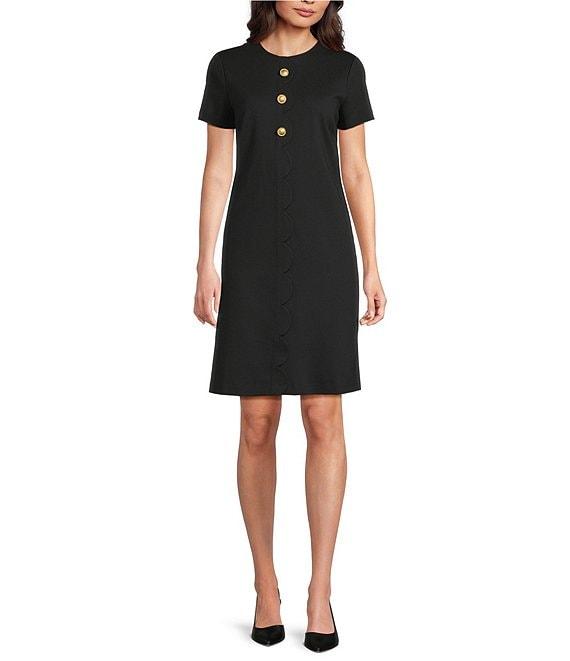 J.McLaughlin Florence Knit Round Neck Short Sleeve Button Front Scallop A-Line Dress Product Image