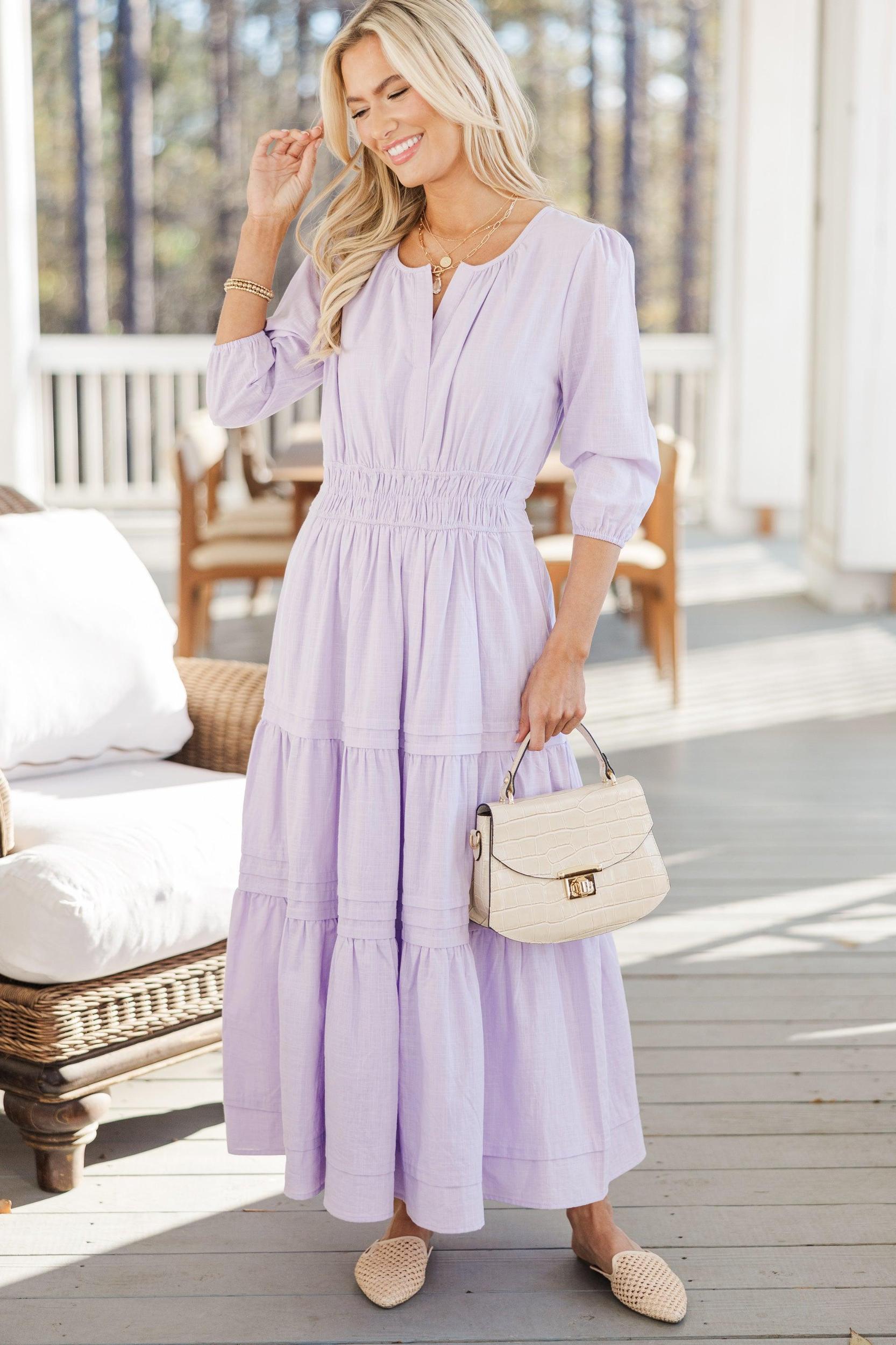 It's In The Air Lavender Purple 3/4 Sleeve Midi Dress Female Product Image
