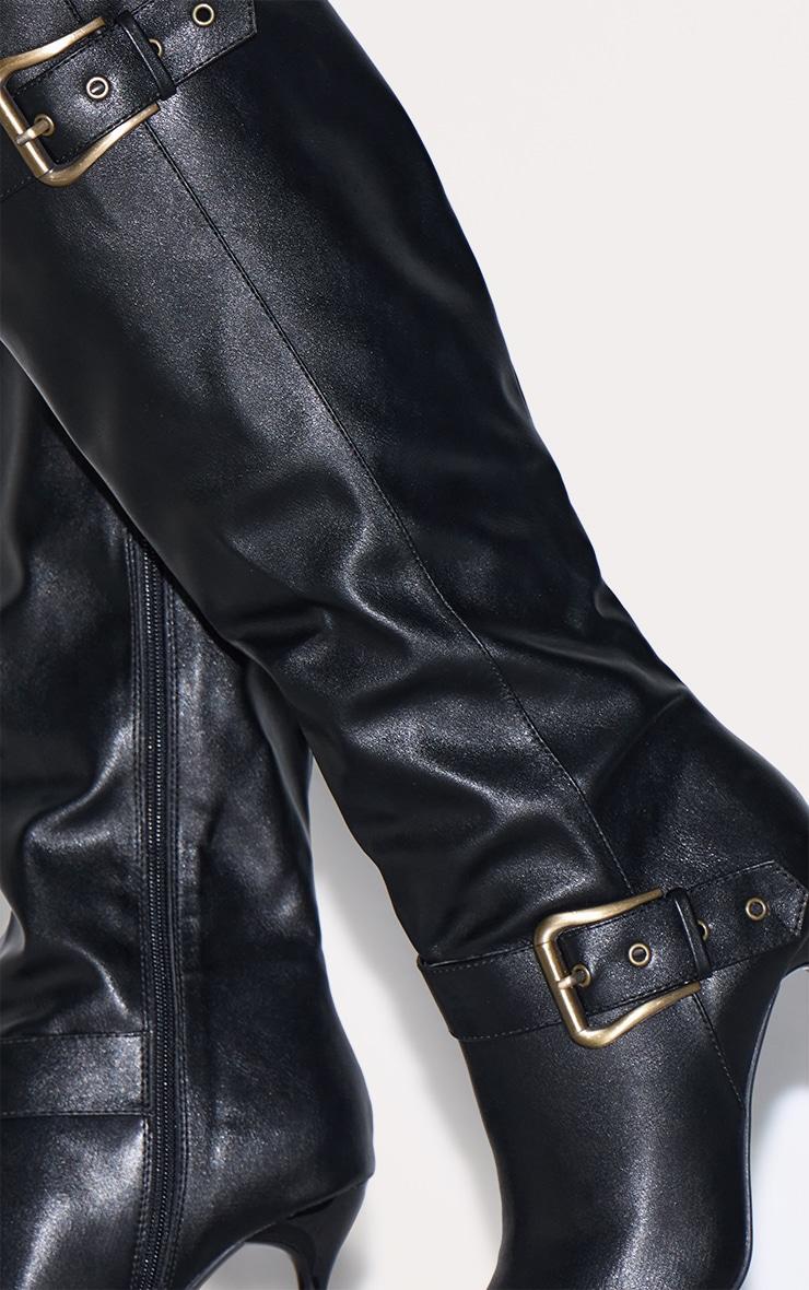 Black PU Knee High Point Toe Buckle High Stiletto Knee High Boots Product Image