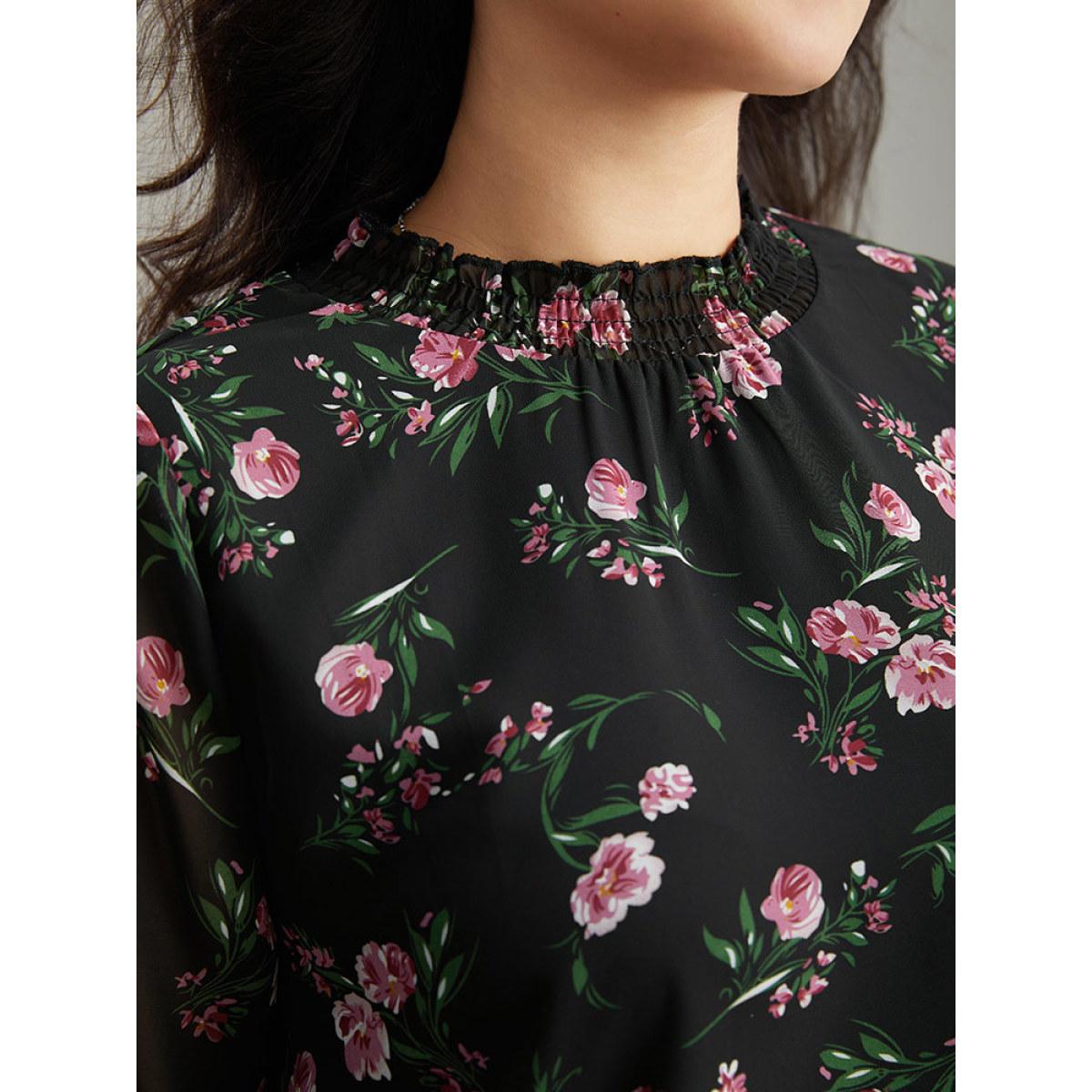 Plus Size Black Chiffon Floral Frill Trim Mesh Patchwork Blouse Women Elegant Long Sleeve Round Neck Dailywear Blouses BloomChic 22-24/3X Product Image