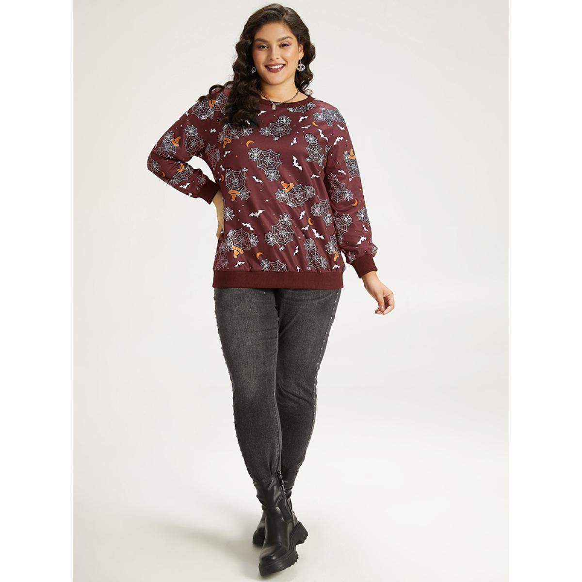 Plus Size Halloween Print Elastic Cuffs Round Neck Sweatshirt Women Purple Playful Elastic cuffs Round Neck Casual Sweatshirts BloomChic 12/L Product Image