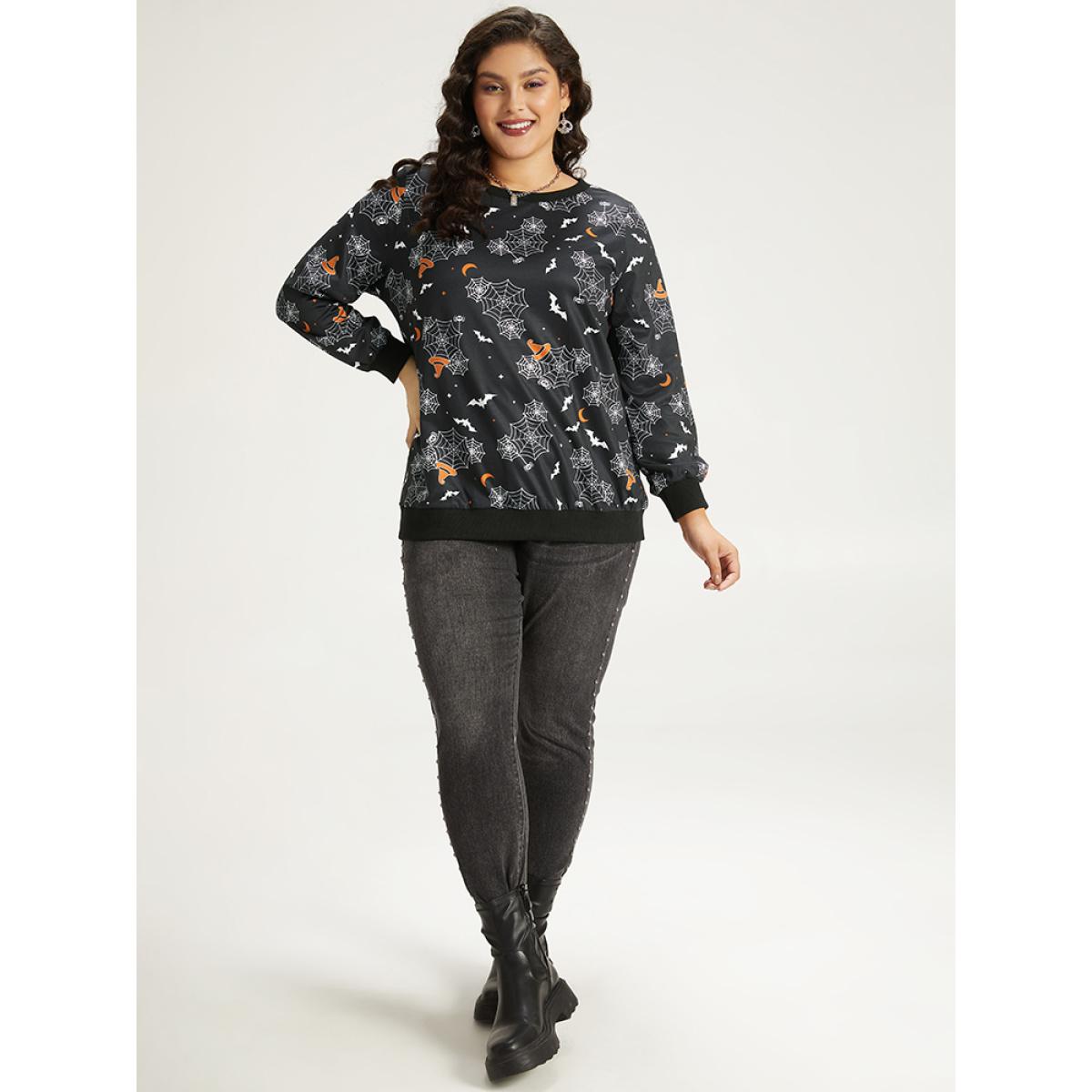 Plus Size Halloween Print Elastic Cuffs Round Neck Sweatshirt Women Purple Playful Elastic cuffs Round Neck Casual Sweatshirts BloomChic 12/L Product Image