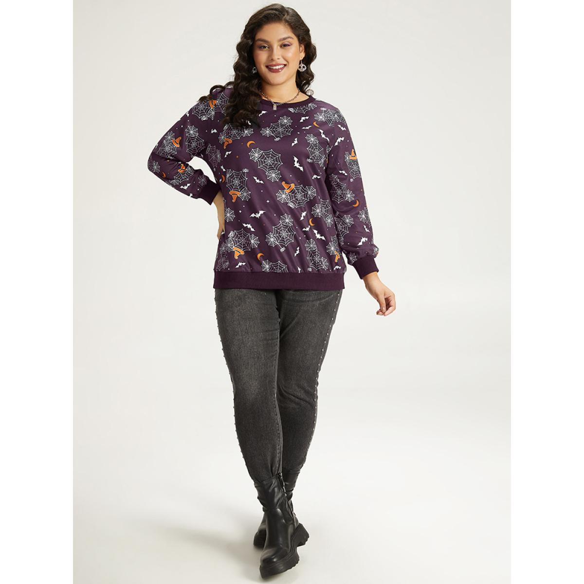 Plus Size Halloween Print Elastic Cuffs Round Neck Sweatshirt Women Purple Playful Elastic cuffs Round Neck Casual Sweatshirts BloomChic 12/L Product Image