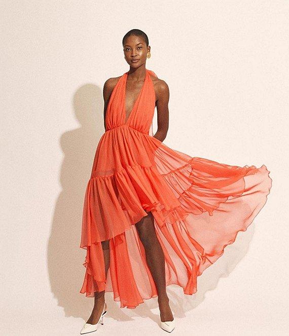 Bardot Leona Halter V-Neck Sleeveless Ruffle High-Low Hem A-Line Maxi Dress Product Image