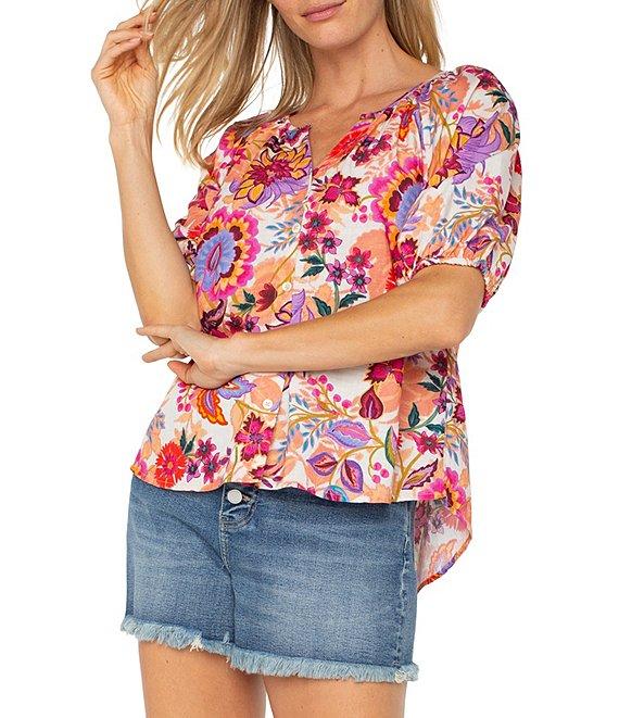 Liverpool Los Angeles Woven Floral Split V-Neck Short Sleeve Button-Front Blouse Product Image