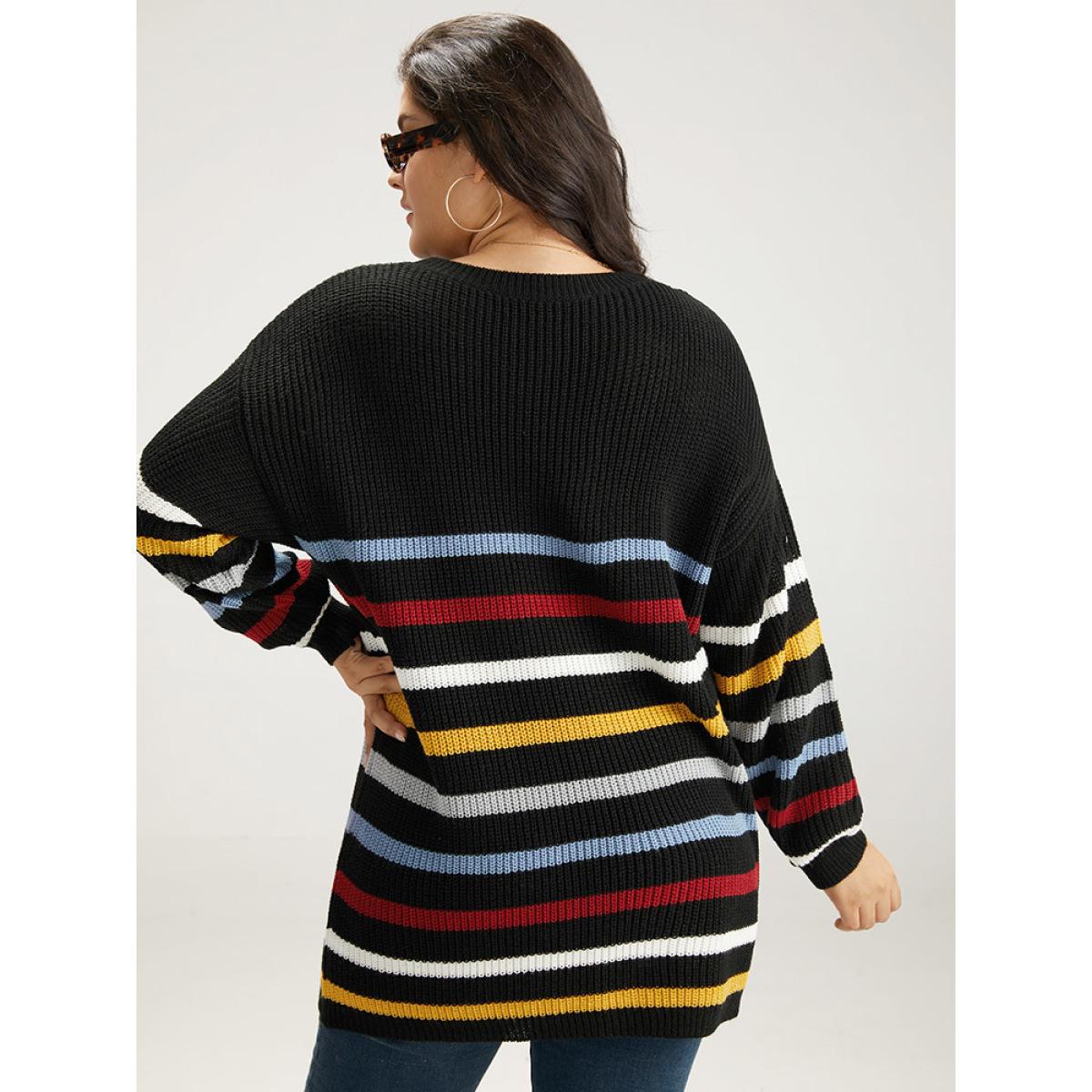Plus Size Rainbow Striped Drop Shoulder Lantern Sleeve Pullover Multicolor Women Casual Loose Long Sleeve Round Neck Dailywear Pullovers BloomChic 28/5X Product Image