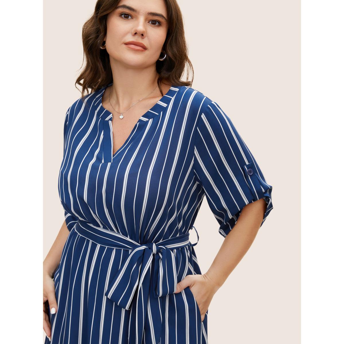 Plus Size Notched Striped Button Cuff Sleeve Dress Mediumblue Women Workwear Essentials Belted Flat collar with V-notch Half Sleeve Curvy BloomChic 12/L Product Image