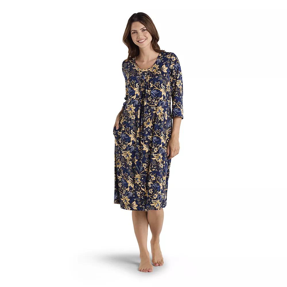 Women's Miss Elaine Essentials 3/4 Sleeve Micro Velvet Long Gown, Size: Small, Navy Gold Floral Product Image