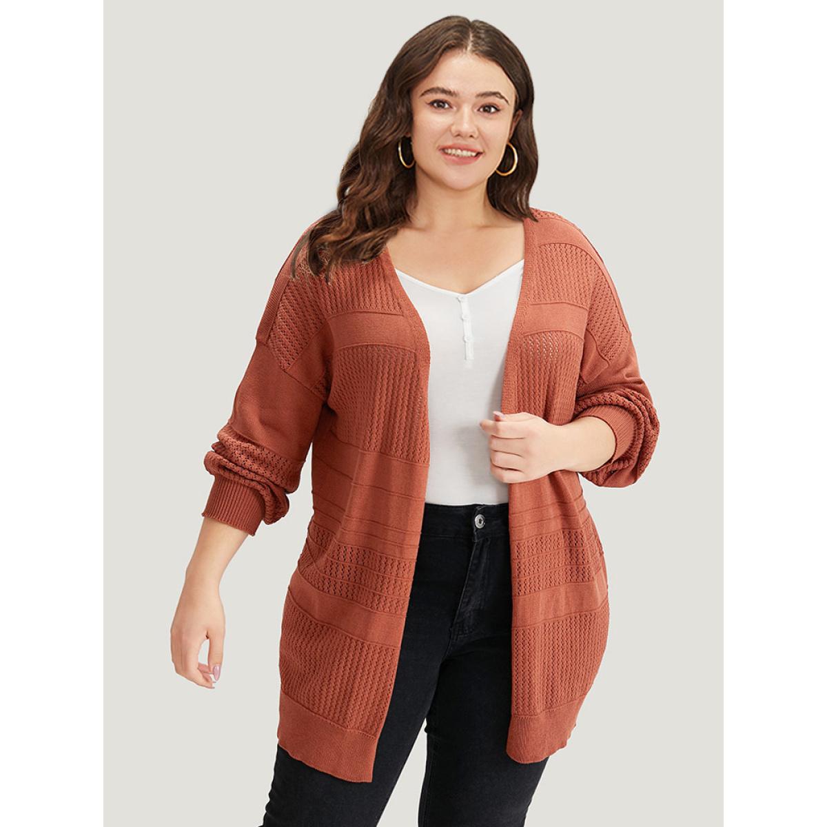 Plus Size Plain Open Front Lantern Sleeve Cardigan Chocolate Women Casual Loose Long Sleeve Everyday Cardigans BloomChic 14-16/1X Product Image