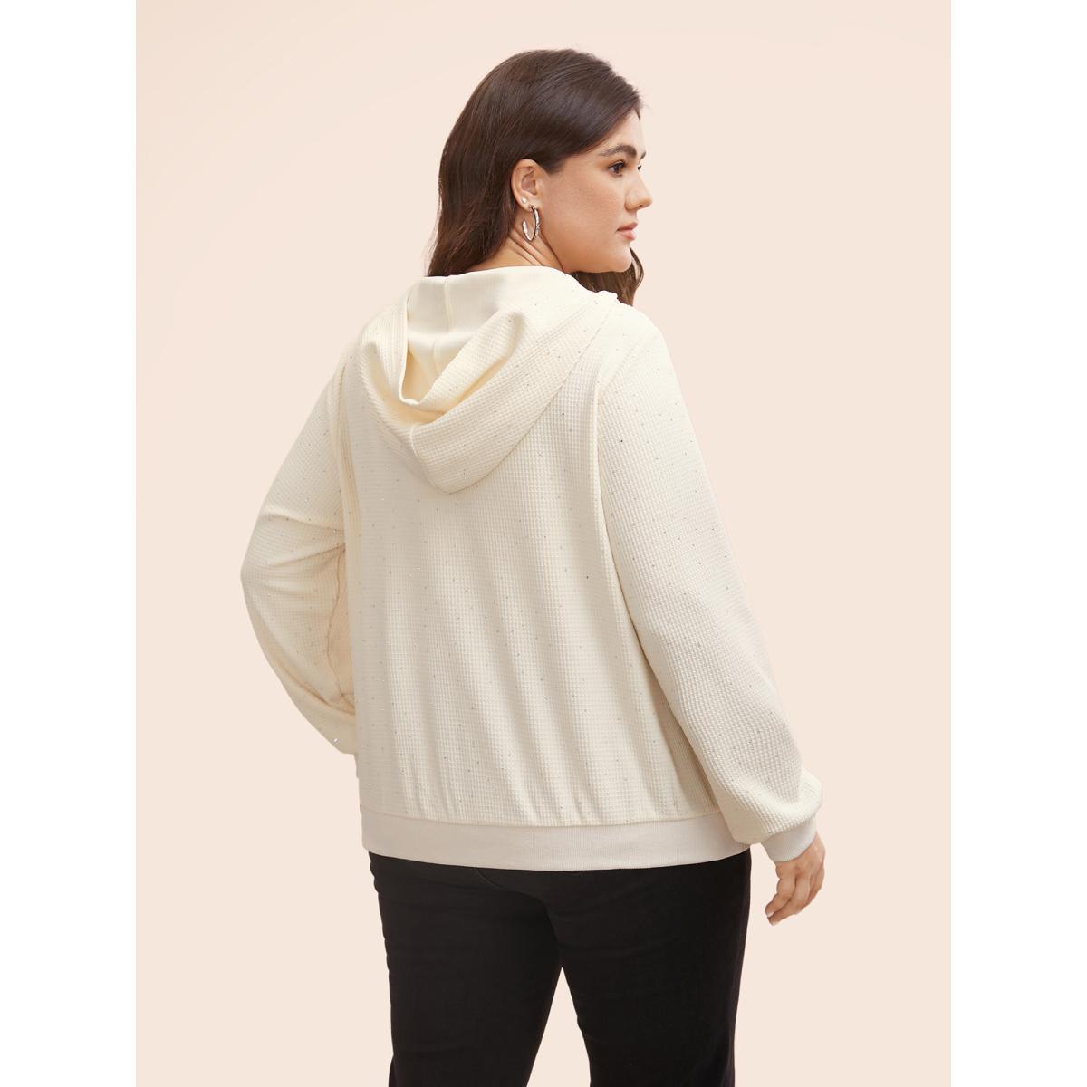 Plus Size Textured Rhinestone Hooded O Ring Zipper Sweatshirt Women Beige Casual Texture Hooded Everyday Sweatshirts BloomChic 18-20/2X Product Image