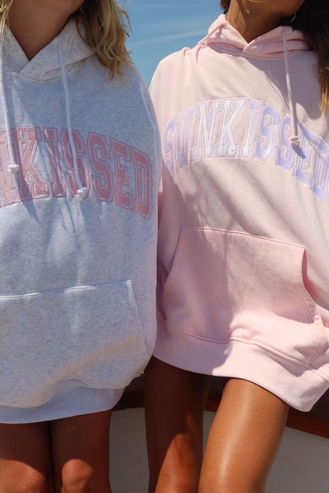 Pearl Grey with Pink Thread Sunkissed Varsity Embroider Hoodie Product Image
