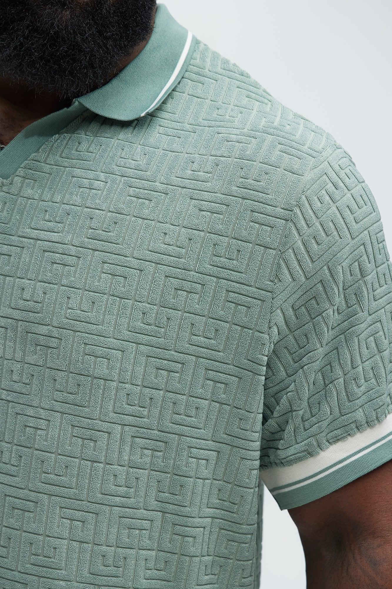 Grecian Textured Johnny Collar Polo Shirt - Sage Product Image
