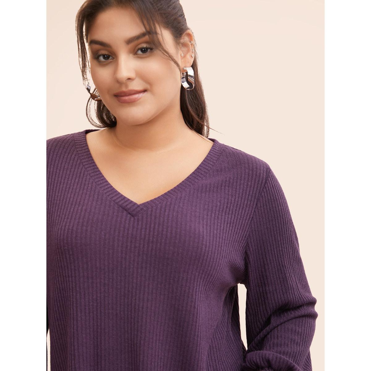 Plus Size Solid Rib Knit Lantern Sleeve Shirred T-shirt Mauve Women Casual Texture V-neck Everyday T-shirts BloomChic 18-20/2X Product Image