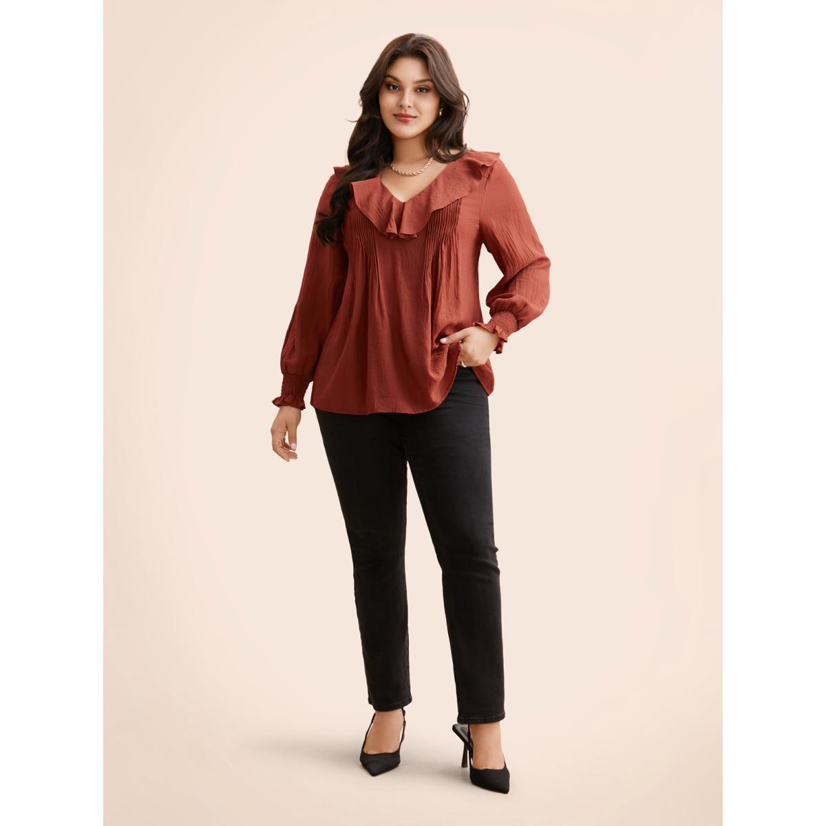 Plus Size Russet Solid Texture Pleated Ruffle Trim Blouse Women Elegant Long Sleeve Deep V-neck Everyday Blouses BloomChic 18-20/2X Product Image