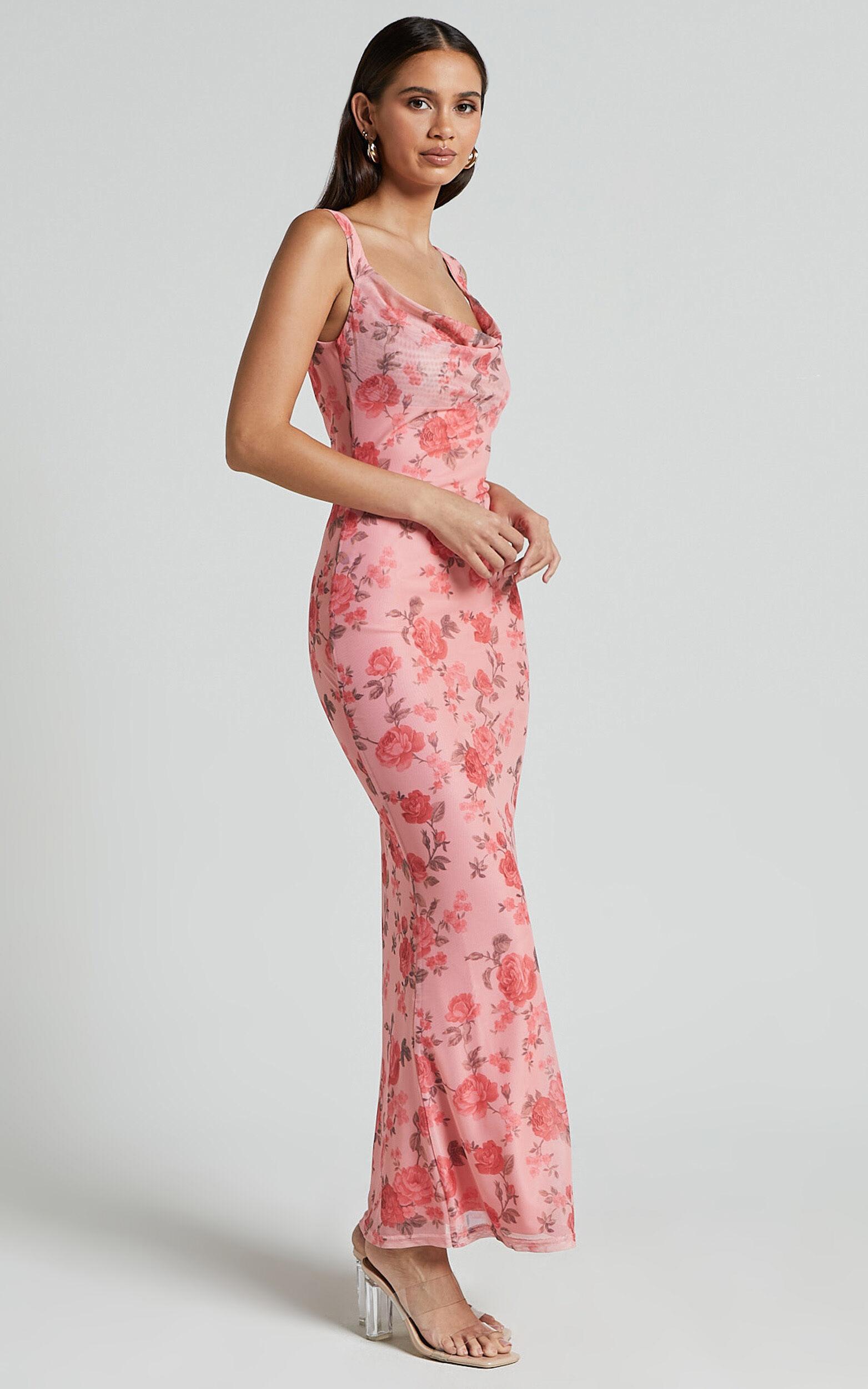Nadine Maxi Dress - Cowl Neck Low Back Mesh Slip Dress in Pink Floral Product Image