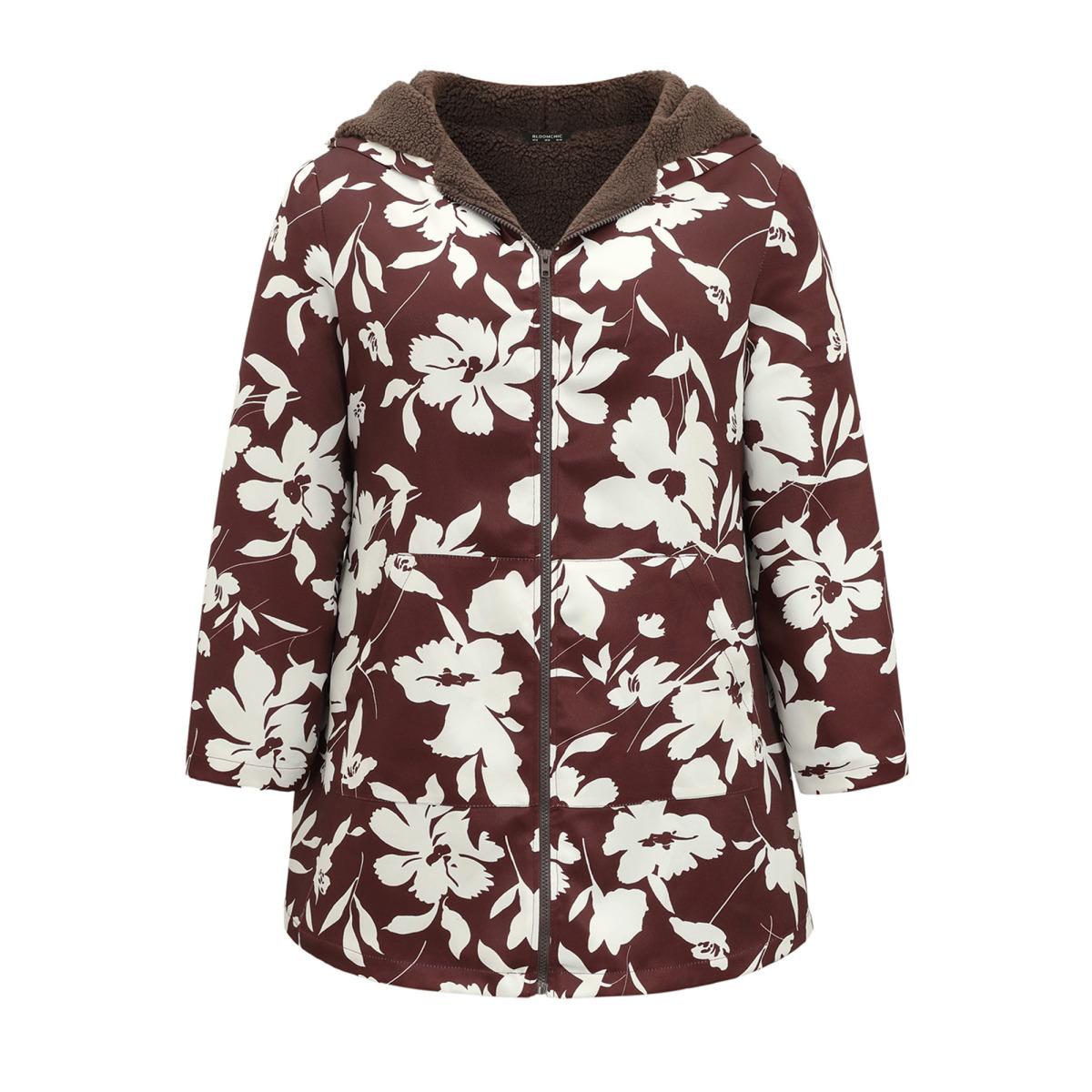 Plus Size Silhouette Floral Print Fuzzy Zipper Hooded Coat Women Scarlet Casual Lined Ladies Dailywear Winter Coats BloomChic 22-24/3X Product Image