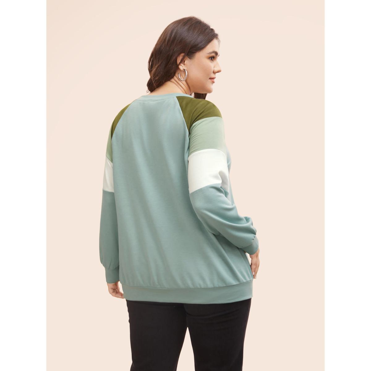 Plus Size Contrast Patchwork Notched Raglan Sleeve Sweatshirt Women Multicolor Casual Contrast Flat collar with V-notch Everyday Sweatshirts BloomChic 10/M Product Image