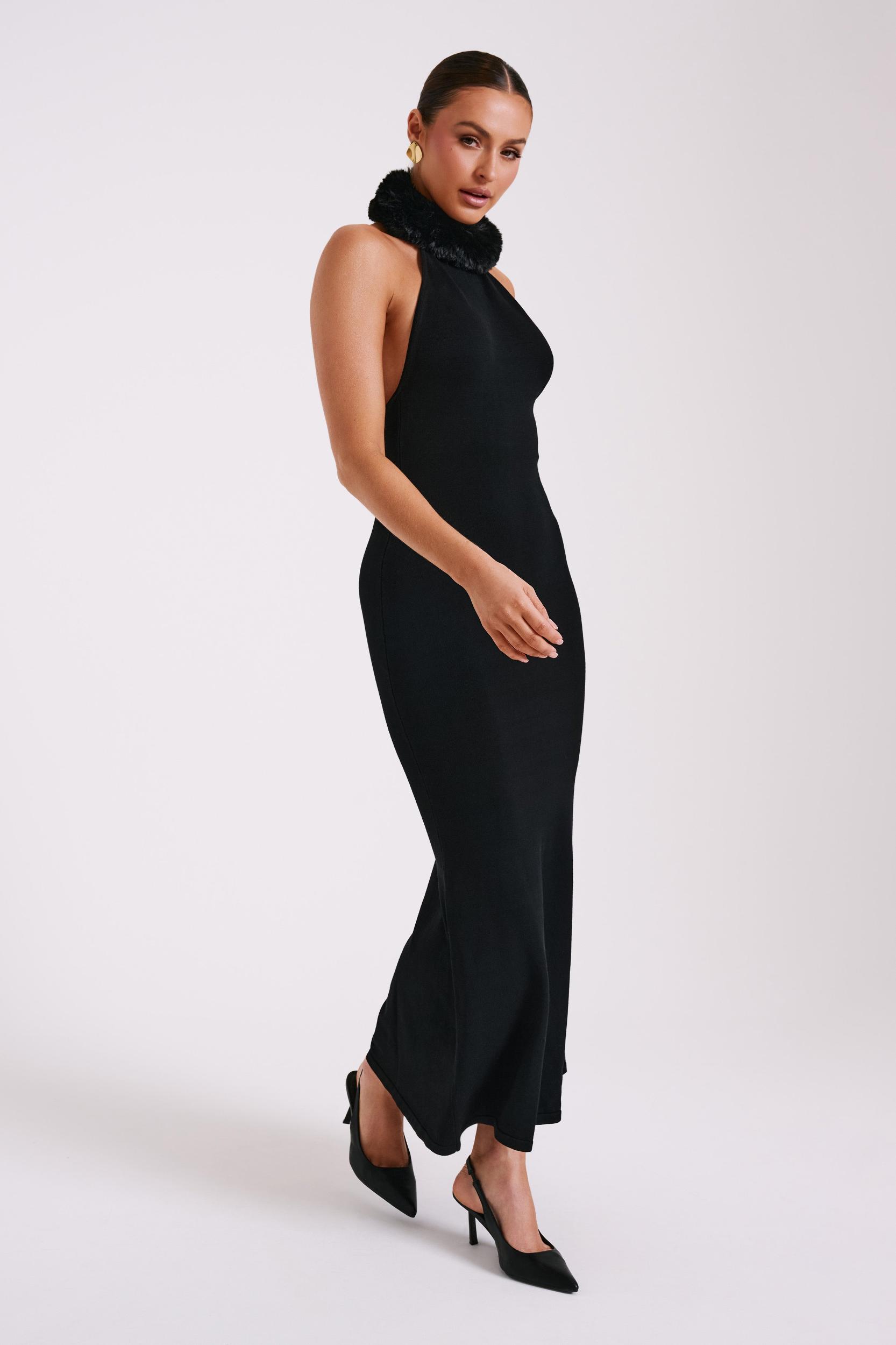Elva Halter Knit Maxi Dress With Faux Fur - Black Product Image