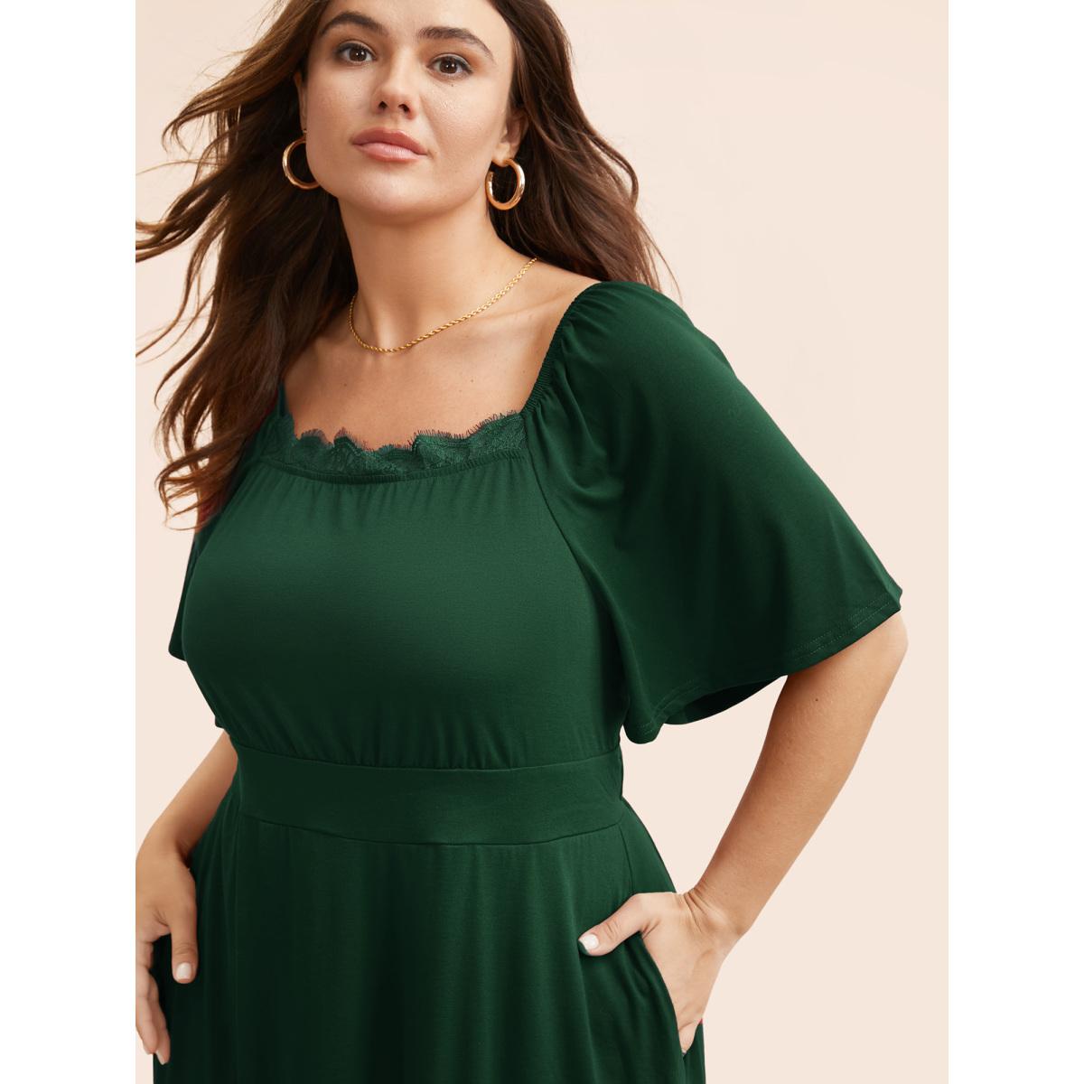 Plus Size Plain Lace Insert Gathered Square Neck Dress Burgundy Women Office Gathered Square Neck Short sleeve Curvy Midi Dress BloomChic 22-24/3X Product Image