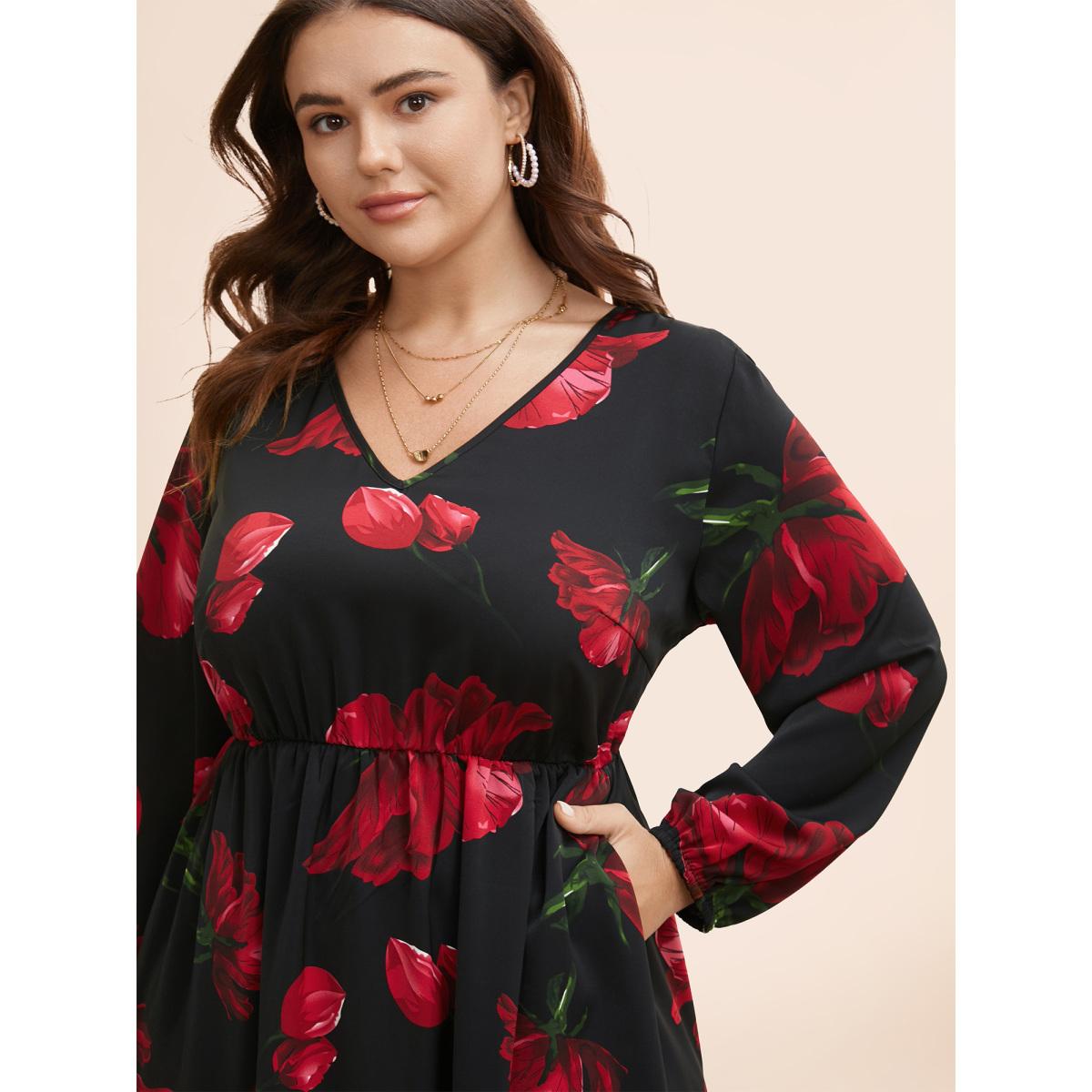 Plus Size Floral Elastic Waist Lantern Sleeve Dress Black Women Elegant Non V-neck Long Sleeve Curvy BloomChic 28/5X Product Image