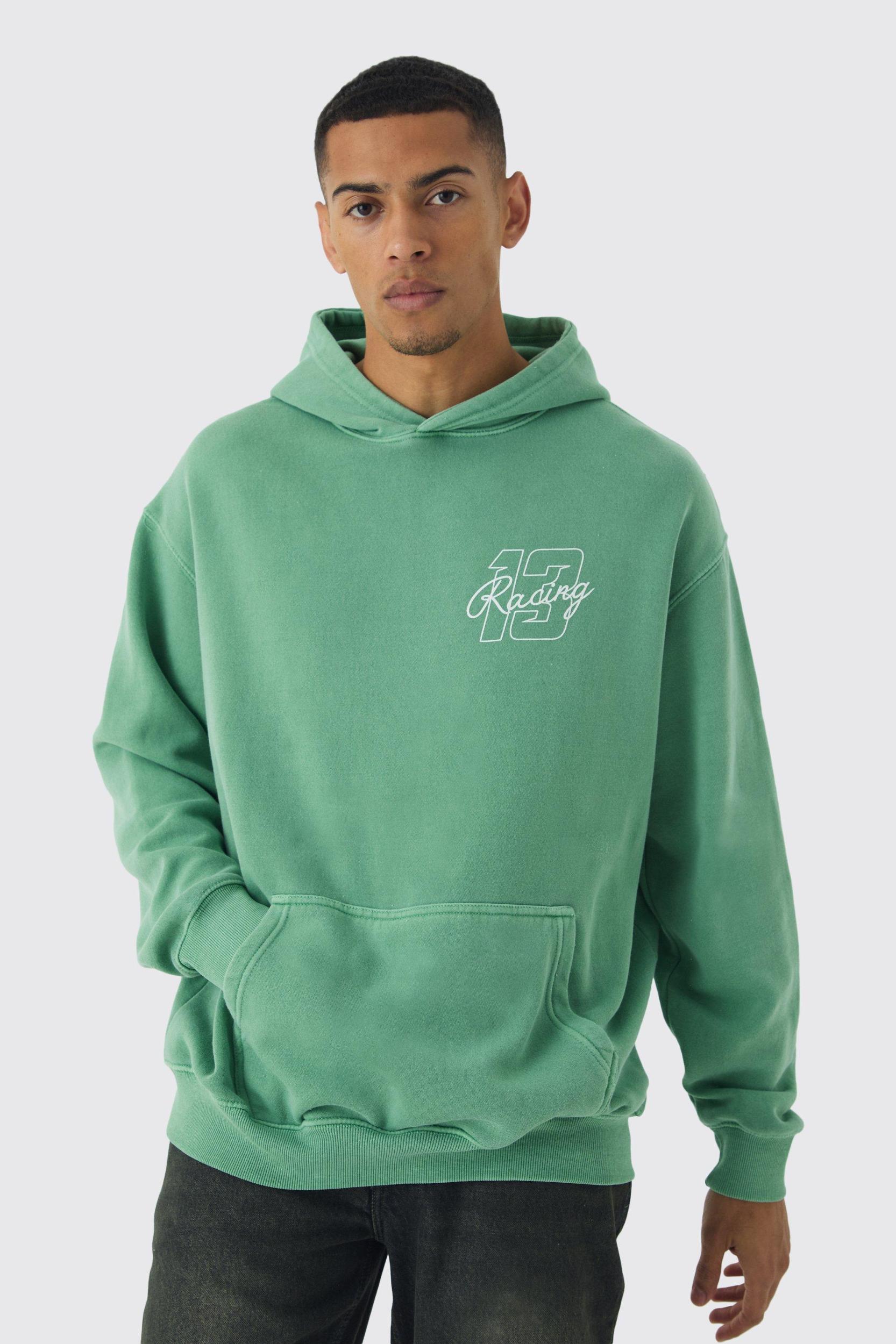 Oversized Moto Line Drawing Graphic Washed Hoodie | boohooMAN USA Product Image