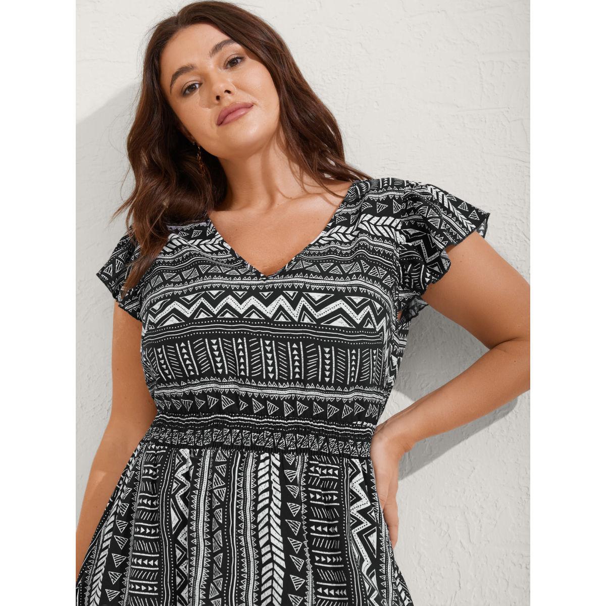 Plus Size Boho Stripes Shirred Waist Midi Dress Black Women V-neck Cap Sleeve Curvy BloomChic 10/M Product Image