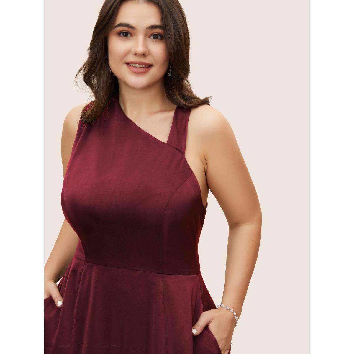 Plus Size Solid Asymmetrical Neck Split Hem Dress Scarlet Women Formal Asymmetrical Neck Sleeveless Curvy Midi Dress BloomChic 22-24/3X Product Image