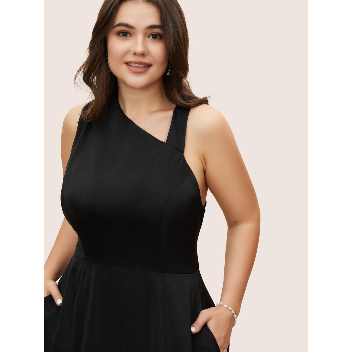 Plus Size Solid Asymmetrical Neck Split Hem Dress Black Women Formal Asymmetrical Neck Sleeveless Curvy Midi Dress BloomChic 18-20/2X Product Image