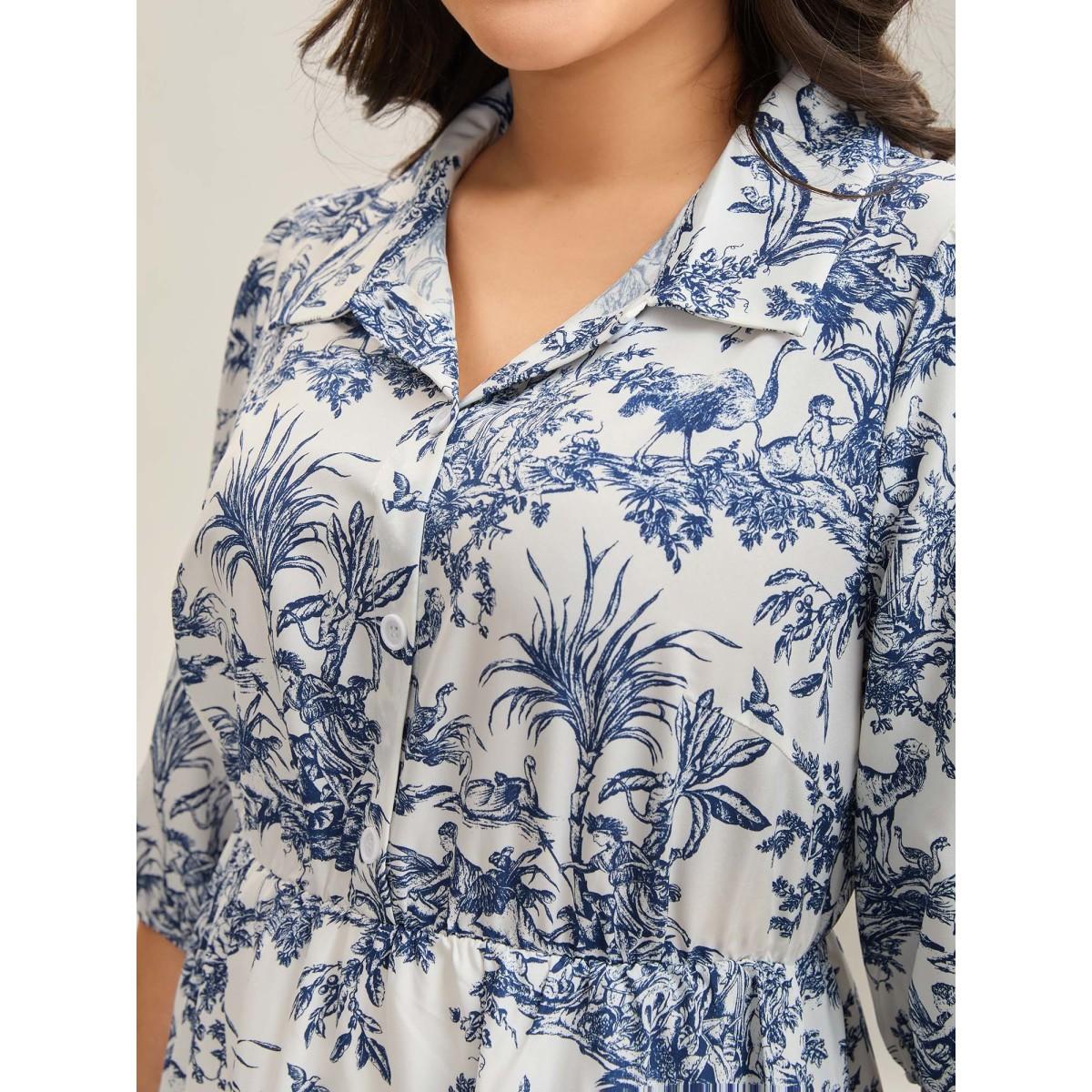 Plus Size Animal Print Button Pockets Midi Dress DarkBlue Women Elegant Shirt collar Half Sleeve Curvy BloomChic 14-16/1X Product Image