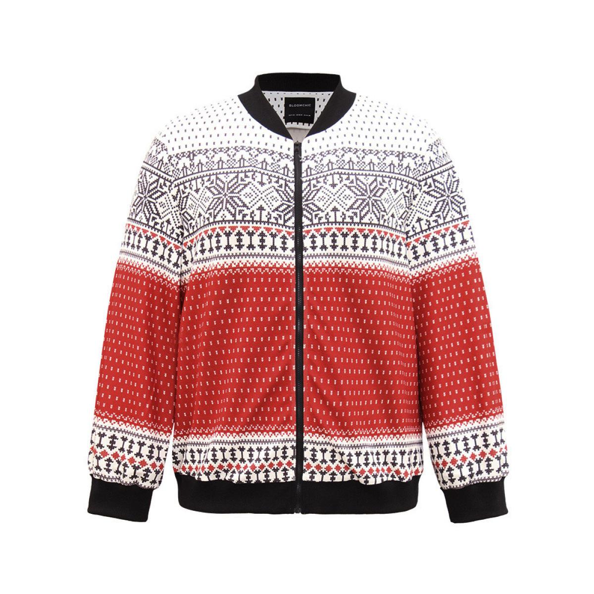 Plus Size Christmas Patchwork Zipper Contrast Jacket Women Red Elastic cuffs Dailywear Jackets BloomChic 18-20/2X Product Image