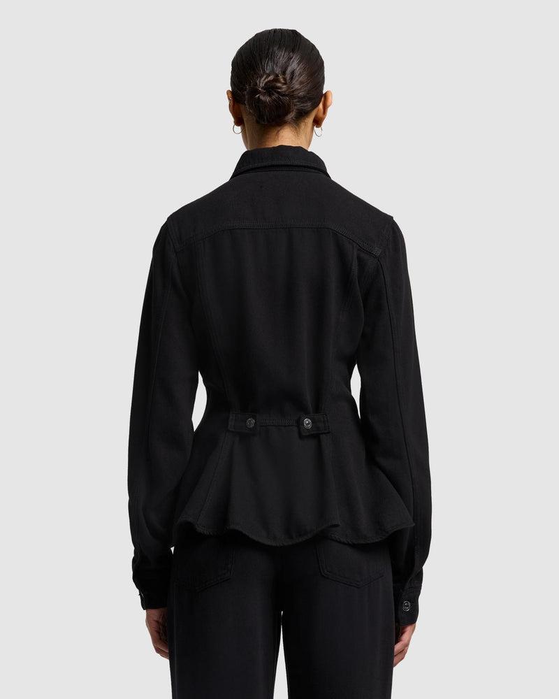 Denim Lustre Flounce Trucker Jacket Product Image