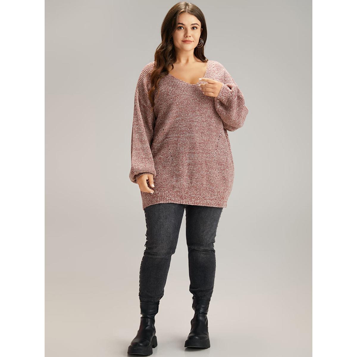 Plus Size Elastic Hem Lantern Sleeve V Neck Pullover Rust Women Casual Loose Long Sleeve V-neck Dailywear Pullovers BloomChic 28/5X Product Image