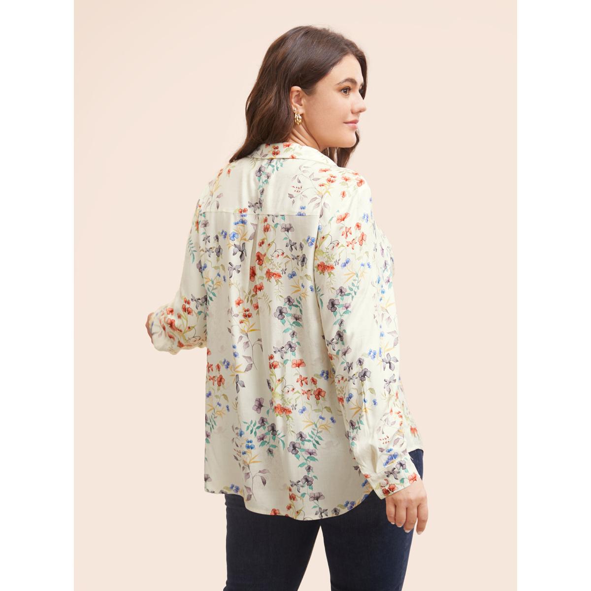 Plus Size Originalwhite Shirt Collar Floral Patched Pocket Blouse Women Elegant Long Sleeve Shirt collar Everyday Blouses BloomChic 30/6X Product Image