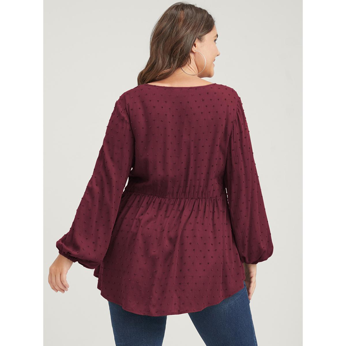 Plus Size Burgundy Polka Dot Flutter Button Detail Lantern Sleeve Blouse Women Leisure Long Sleeve V-neck Casual Blouses BloomChic 22-24/3X Product Image