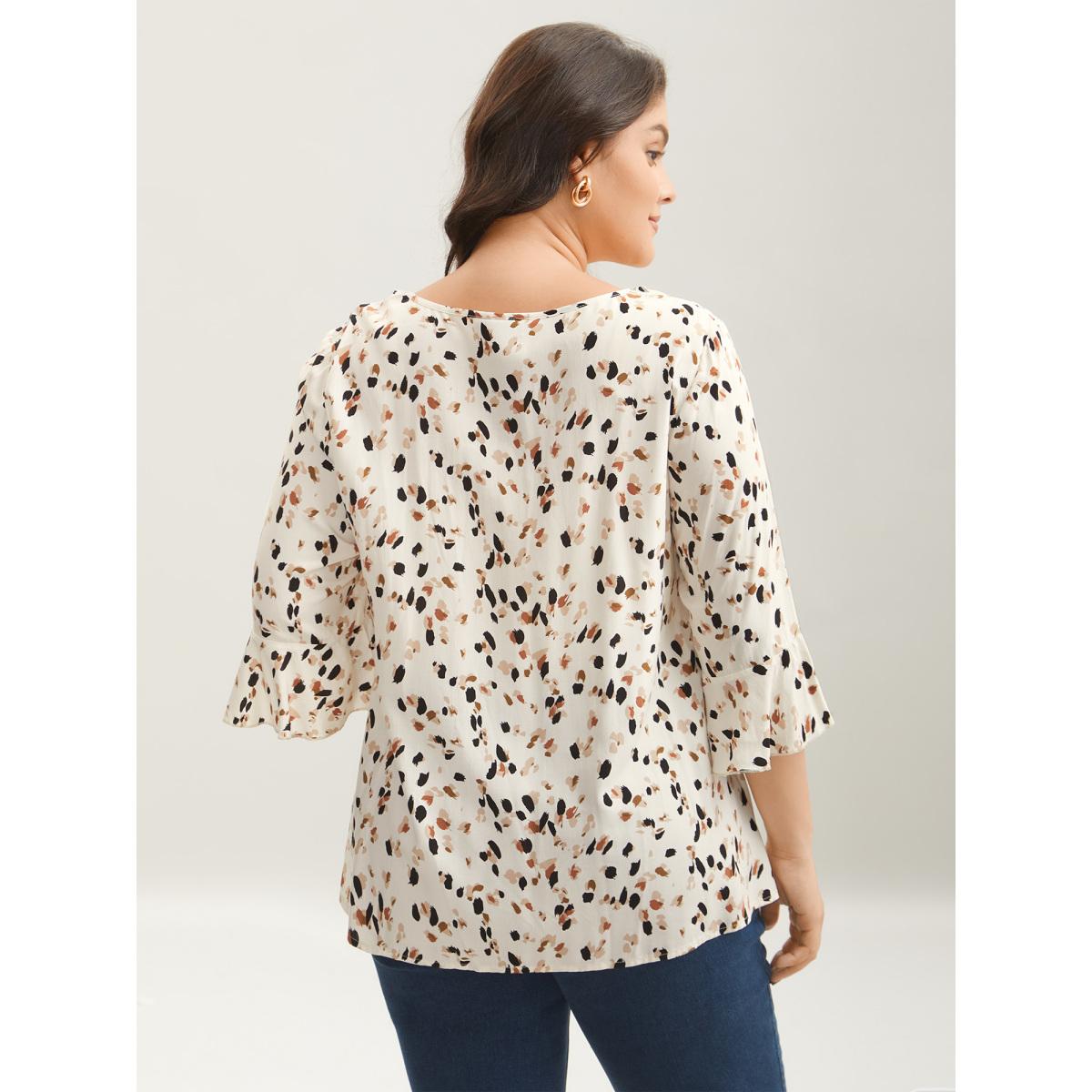 Plus Size Ivory Leopard Print Ruffled Detail Shirt Women Elegant Elbow-length sleeve V-neck Everyday Blouses BloomChic 10/M Product Image