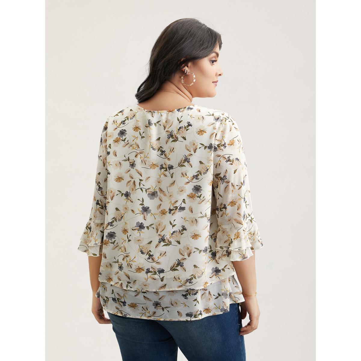 Plus Size Ivory Chiffon Floral Print Layered Blouse Women Timeless Elbow-length sleeve Round Neck Elegant Blouses BloomChic 22-24/3X Product Image
