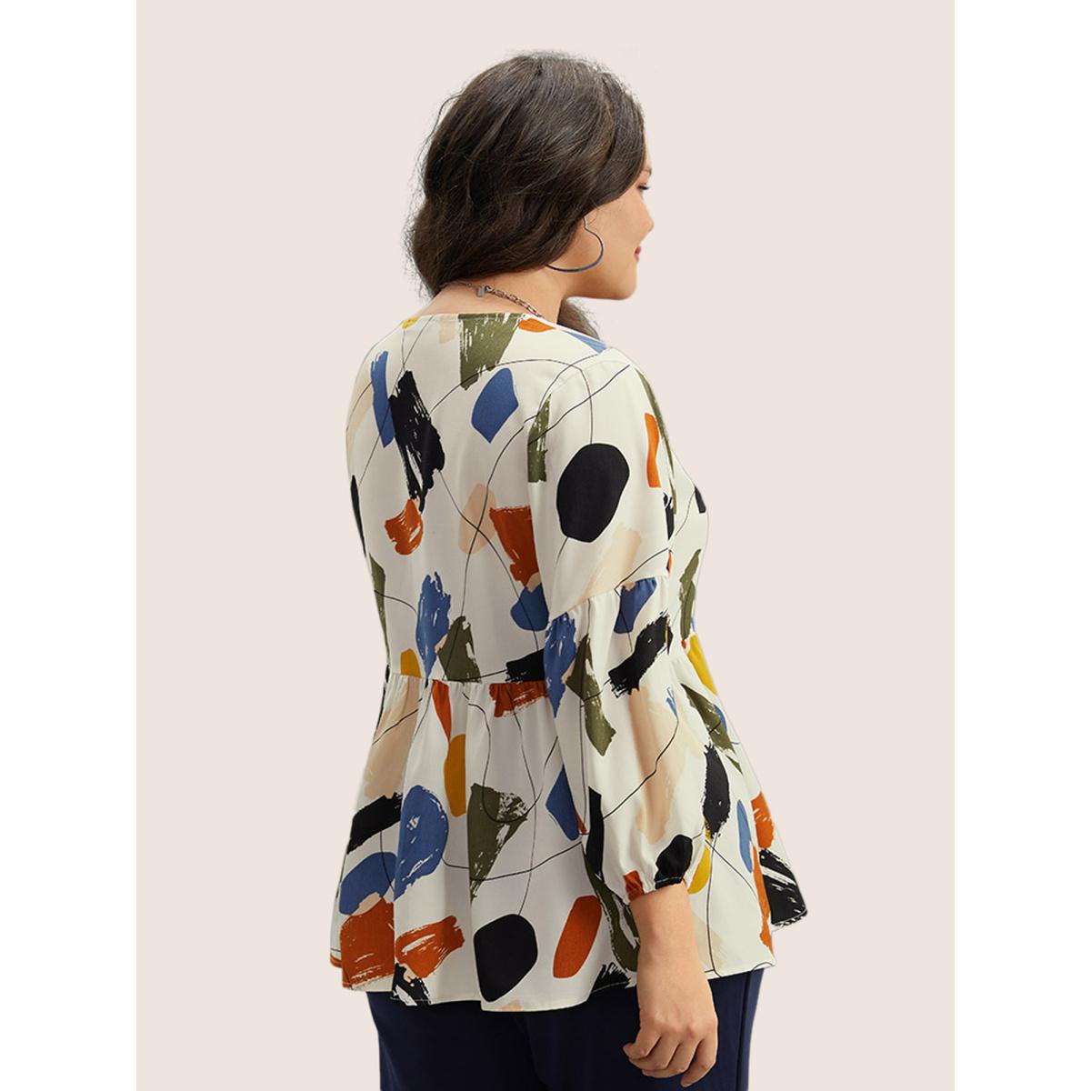 Plus Size Ivory Brush Print Button Detail Elastic Cuffs Blouse Women Playful Long Sleeve V-neck Casual Blouses BloomChic 18-20/2X Product Image