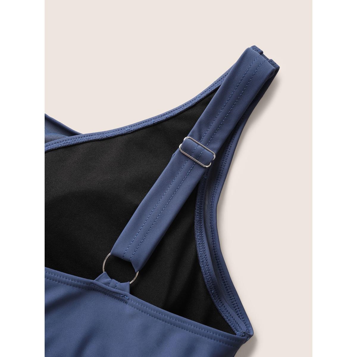 Plus Size See Through Patchwork Gathered Swim Dress Women's Swimwear Indigo Beach Bodycon Round Neck High stretch Curve Swim Dresses BloomChic 14-16/1X Product Image