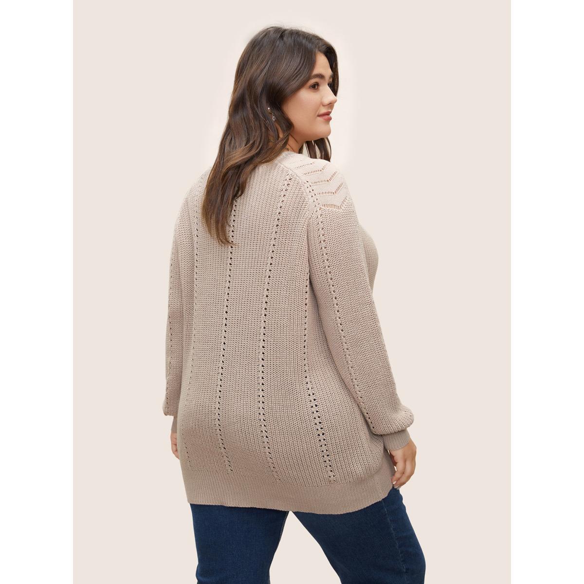 Plus Size Plain Texture Raglan Sleeve Pointelle Knit Pullover Apricot Women Casual Long Sleeve Round Neck Everyday Pullovers BloomChic 18-20/2X Product Image